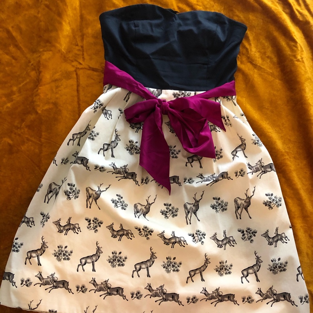 Anthropologie strapless deer print dress 🦌🌲👛